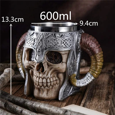 600ml Viking Skull Mug | Stainless Steel Gothic Horned Tankard Cup ID