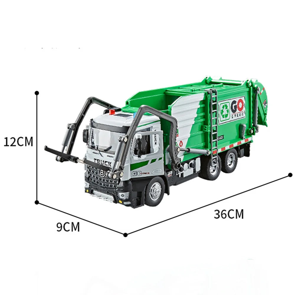 1:18 Alloy Garbage Truck Toy | Electric Sanitation Car Lights & Sound