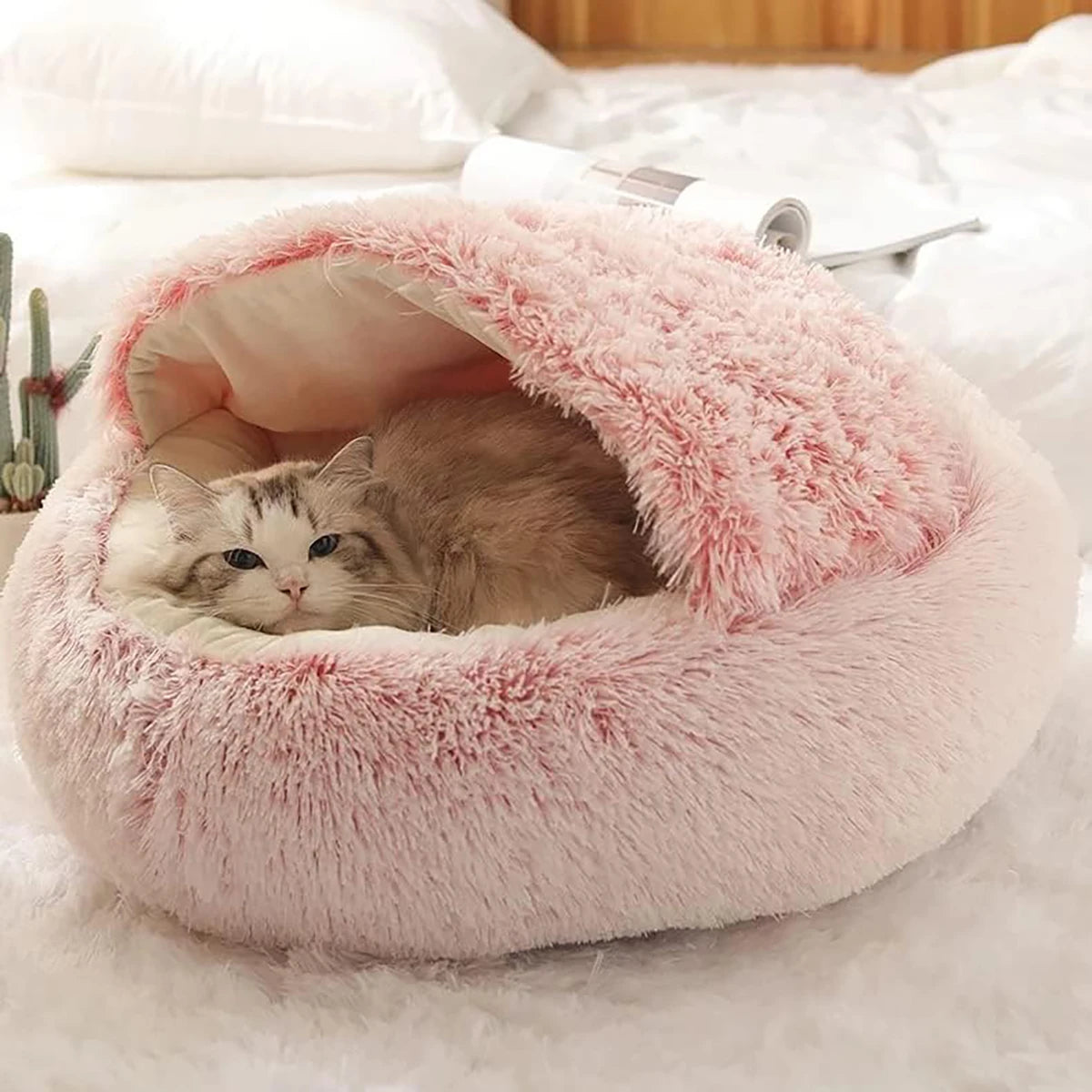 Calming Cat Bed Cave | Warm Plush Hooded Doughnut Nest & Pet Mattress