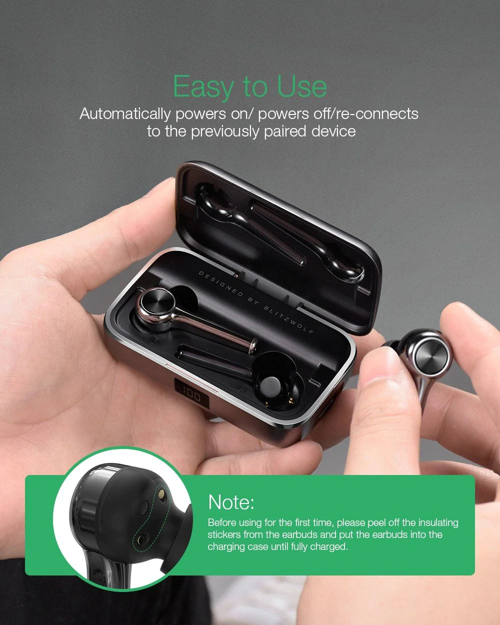 BlitzWolf BW-FYE6 Bluetooth V5.0 In-Ear Earphones | Digital Display Touch Control | Graphene Portable Charger Carry Case for Smartphones - Buy Confidently with Smart Sales Australia