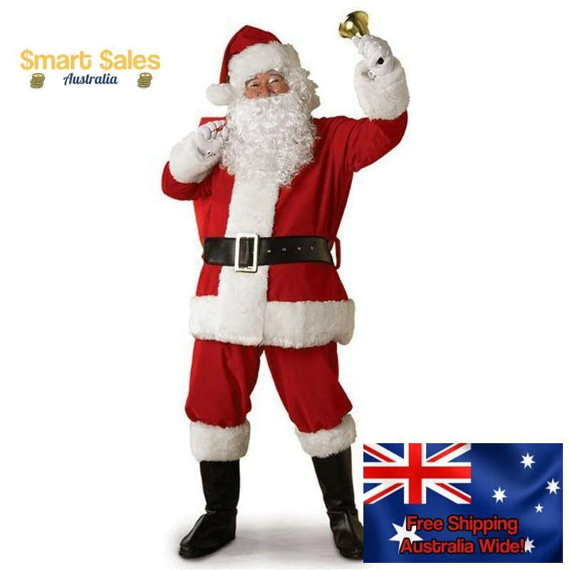 Santa Claus Costume Verlour Christmas Xmas Clause Suit Fancy Dress Up Mens Costume 6 Sizes
