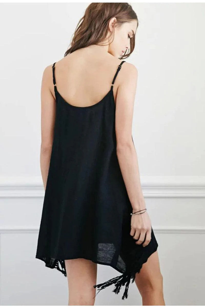 Sexy Women Fashion Linen Hollow Retro Ethnic Embroidery Pattern Irregular Asymmetrical Hem Fringed Tassel Spaghetti Strap Dress - Buy Confidently with Smart Sales Australia