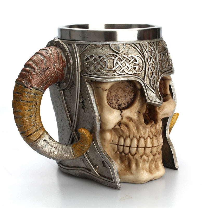 600ml Viking Skull Mug | Stainless Steel Gothic Horned Tankard Cup ID