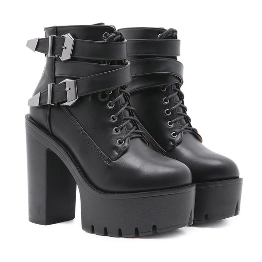 Women's Platform Boots - Black Buckle & Lace-Up High Heel Booties