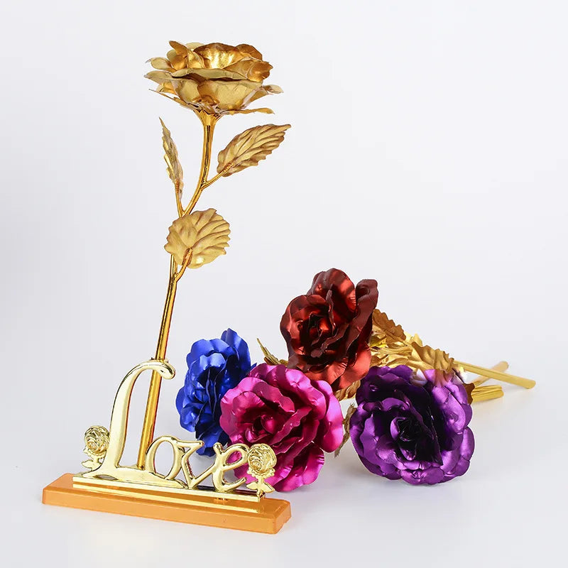 24K Gold Foil Eternal Galaxy Rose - Colorful Flower with "Love" Base