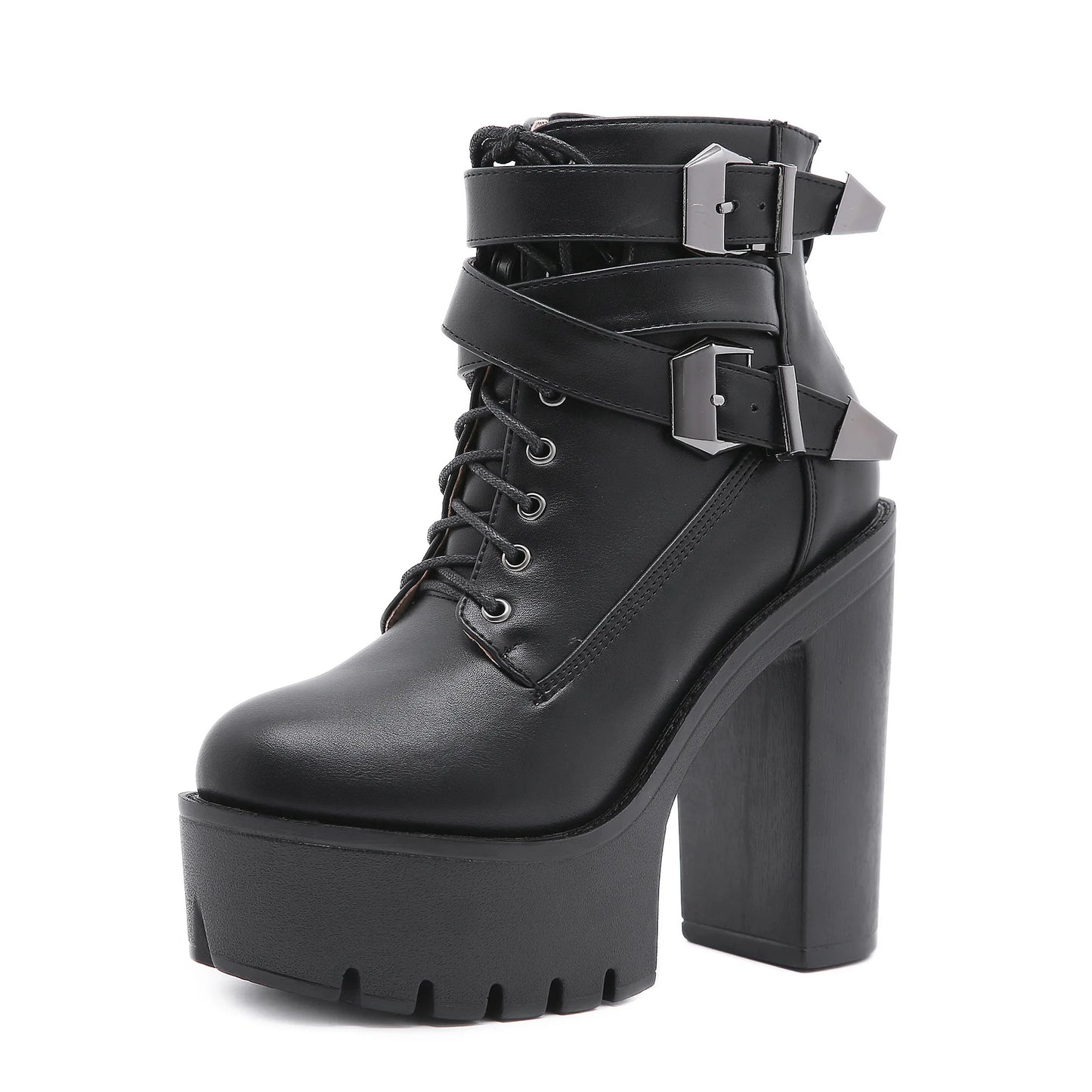 Women's Platform Boots - Black Buckle & Lace-Up High Heel Booties