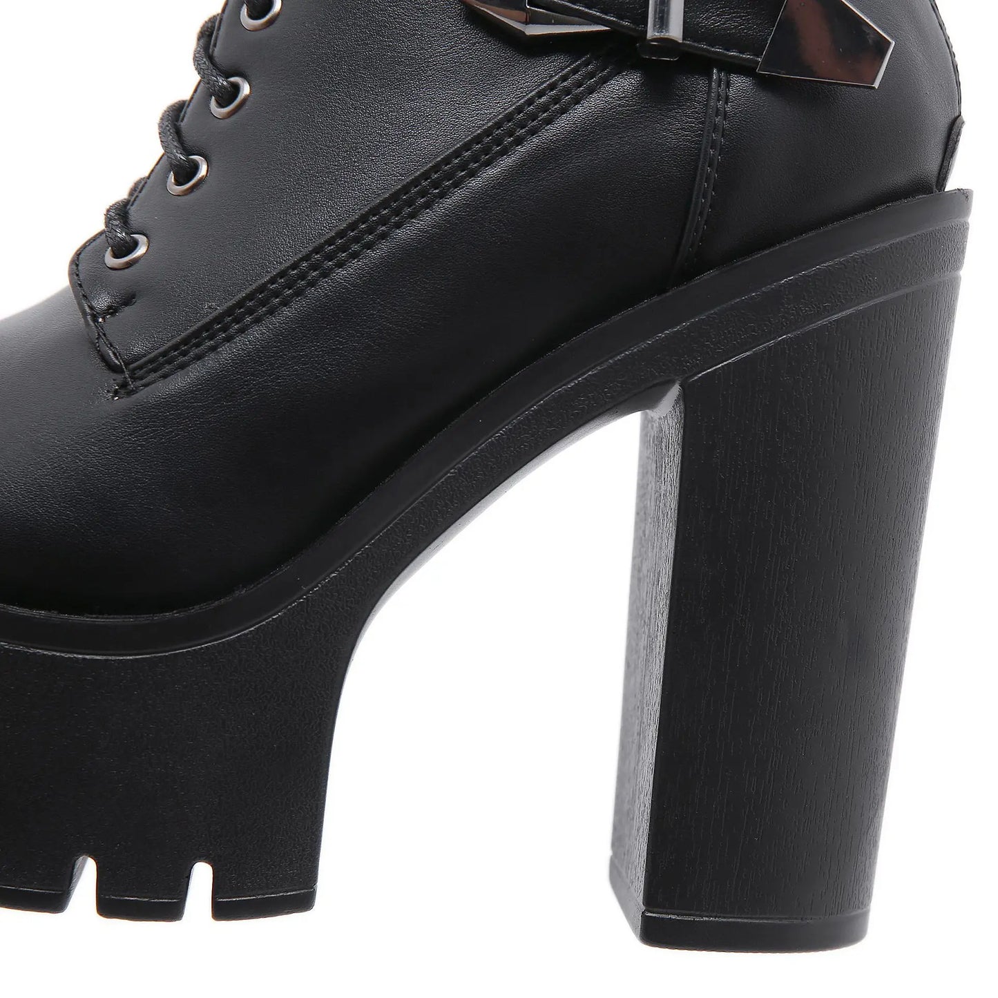 Women's Platform Boots - Black Buckle & Lace-Up High Heel Booties