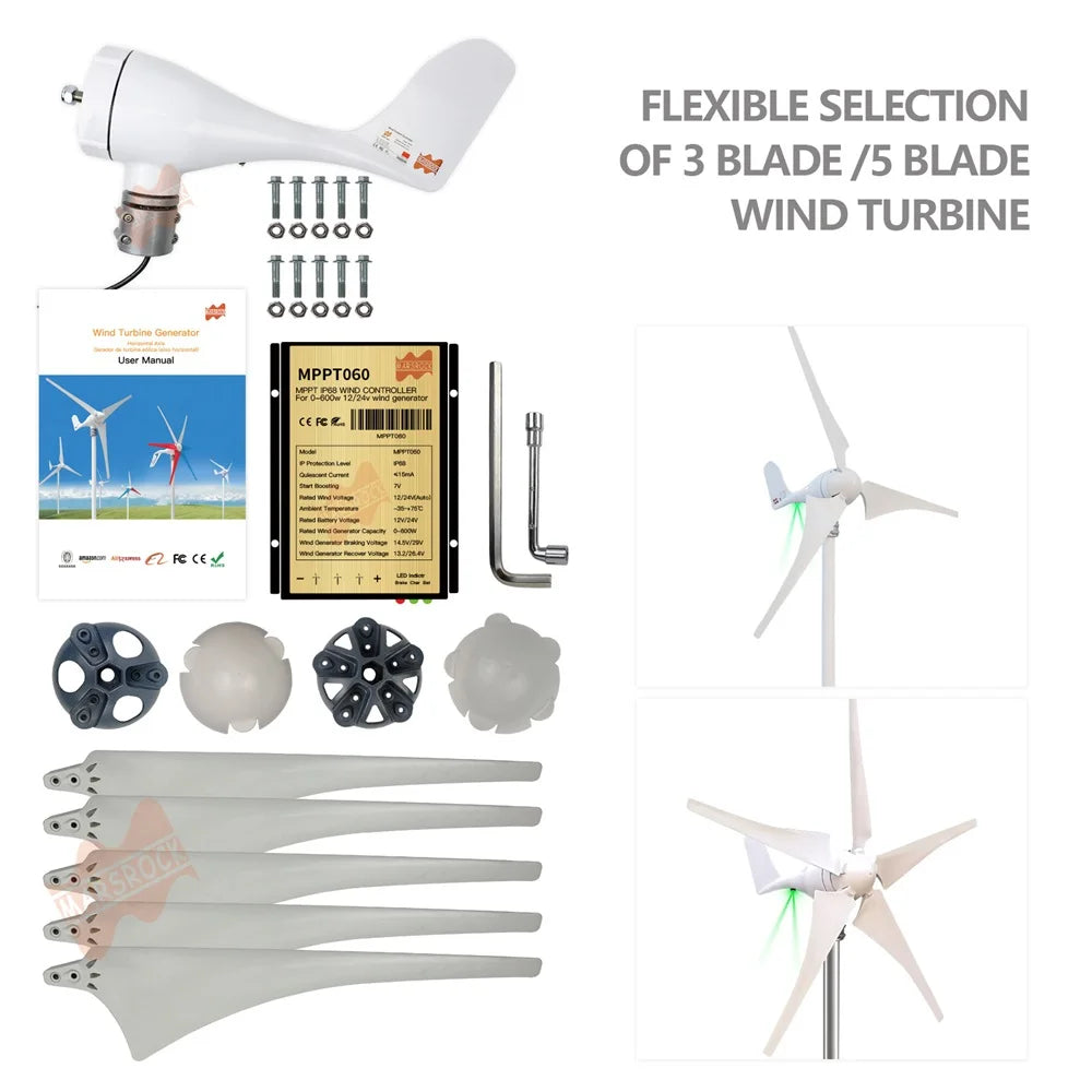 400W Wind Turbine Generator - 12V 24V 6-Blade with MPPT