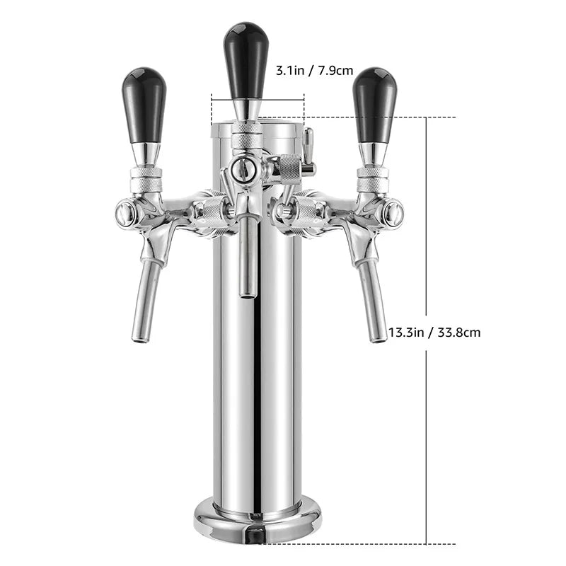 3 Faucet Kegerator Beer Tower | 3" Silver Column Flow Control Taps