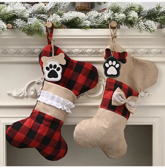 Dog Bone Christmas Stocking - Burlap Plaid Xmas Pet Stocking