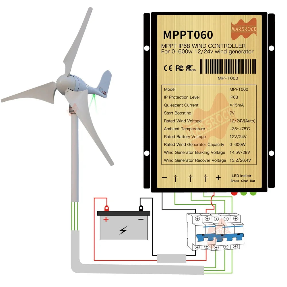 400W Wind Turbine Generator - 12V 24V 6-Blade with MPPT