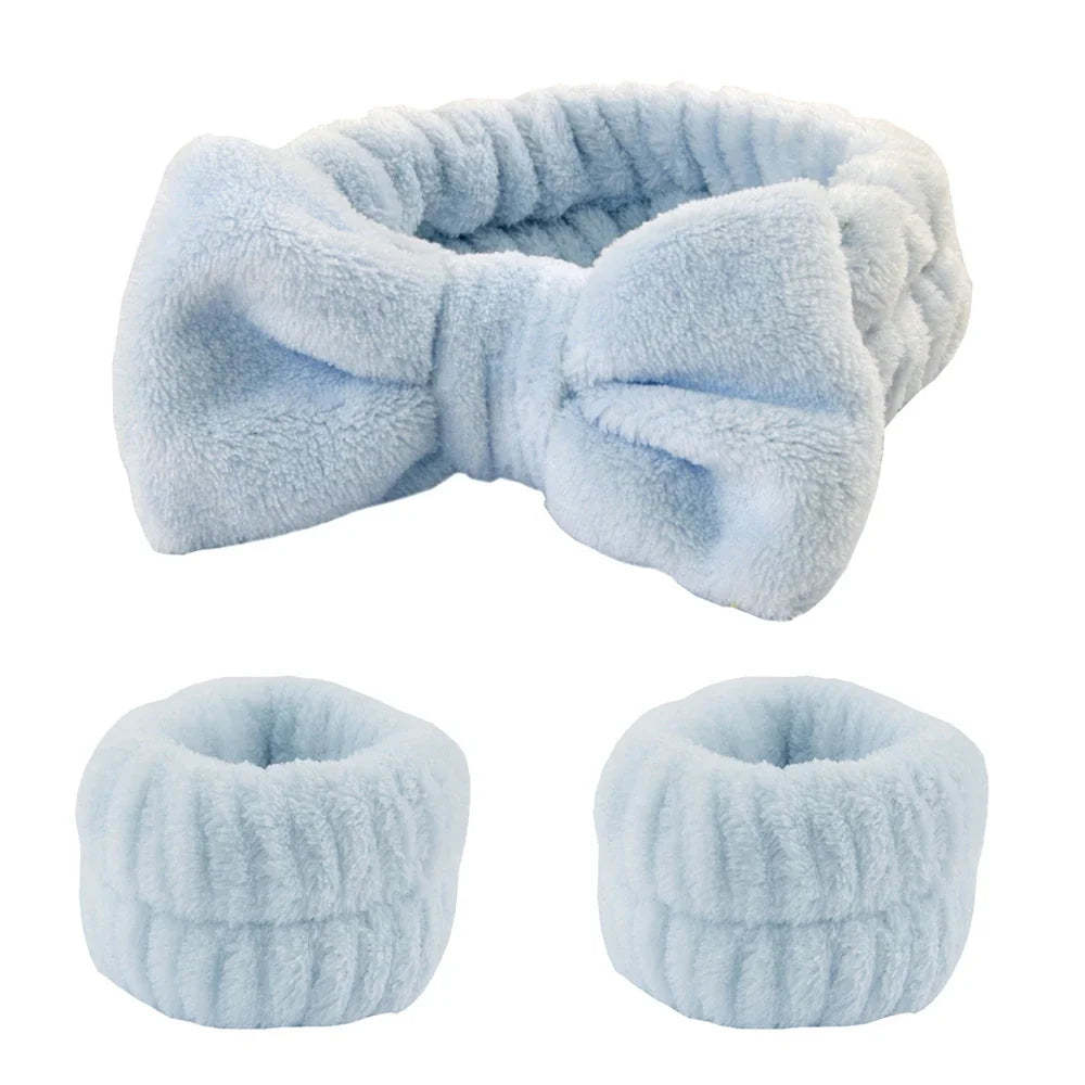 3Pcs Spa Headband & Wristband Set | Microfiber Face Wash Makeup Band
