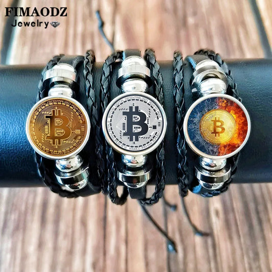 Bitcoin Leather Bracelet - Braided Multilayer Crypto Jewelry