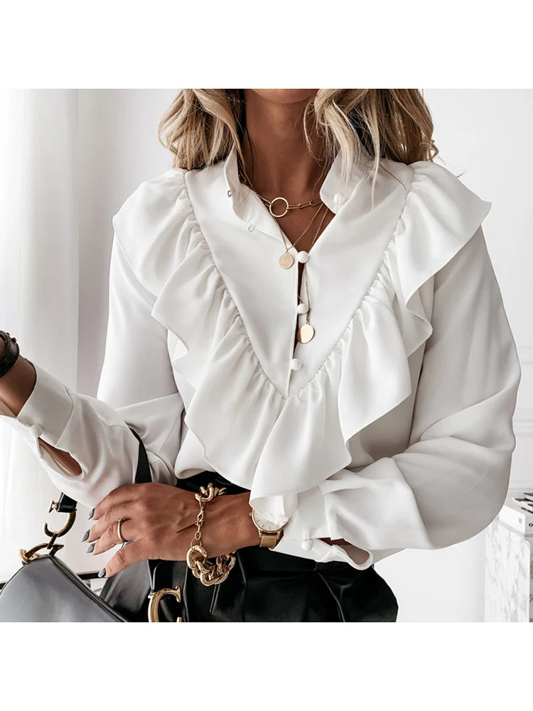 Leopard Dot Ruffle Blouse | Long Sleeve V-Neck Office Top for Women ID