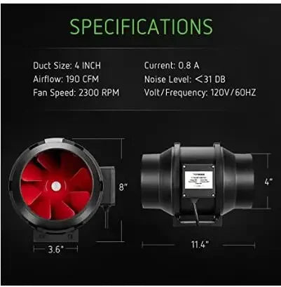 4" 118 CFM Inline Fan & Carbon Filter Kit - Tent Ventilation