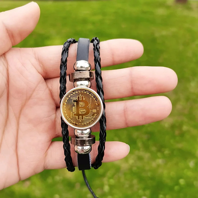 Bitcoin Leather Bracelet - Braided Multilayer Crypto Jewelry