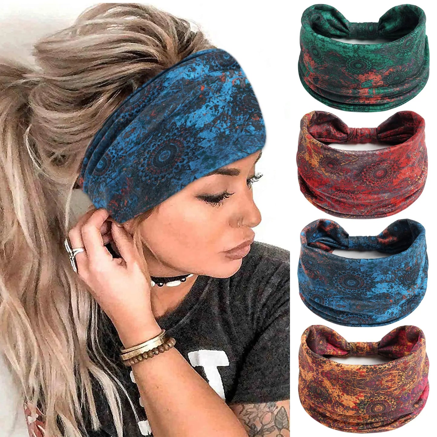 Boho Headbands for Women - Knotted Wide Stretch Turban Wrap