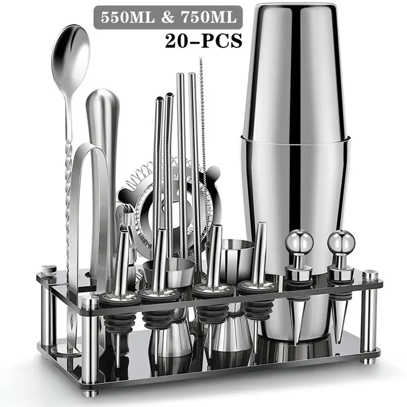 25pc Boston Cocktail Shaker Set | Professional Bartender Kit & Stand