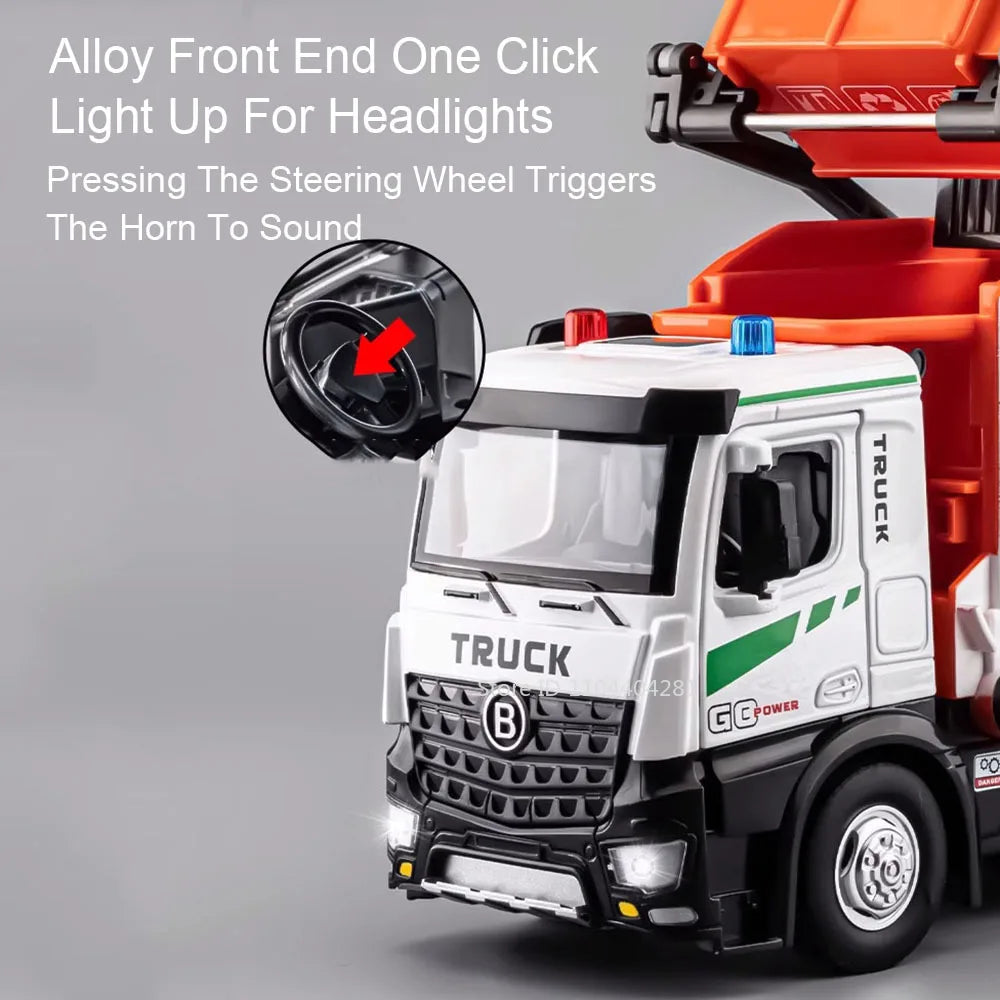 1:18 Alloy Garbage Truck Toy | Electric Sanitation Car Lights & Sound