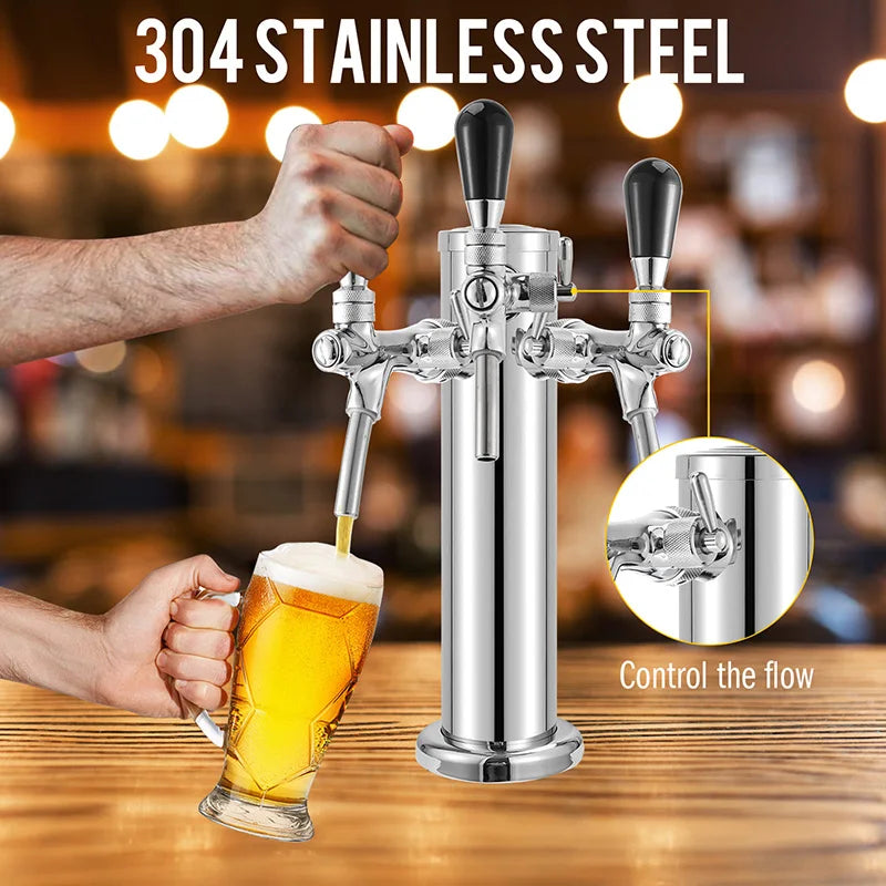 3 Faucet Kegerator Beer Tower | 3" Silver Column Flow Control Taps