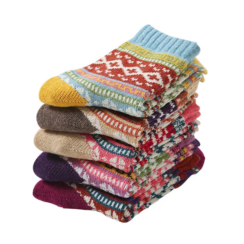 5 Pairs Women's Winter Socks | Retro Japanese Ethnic Knit Wool Blend