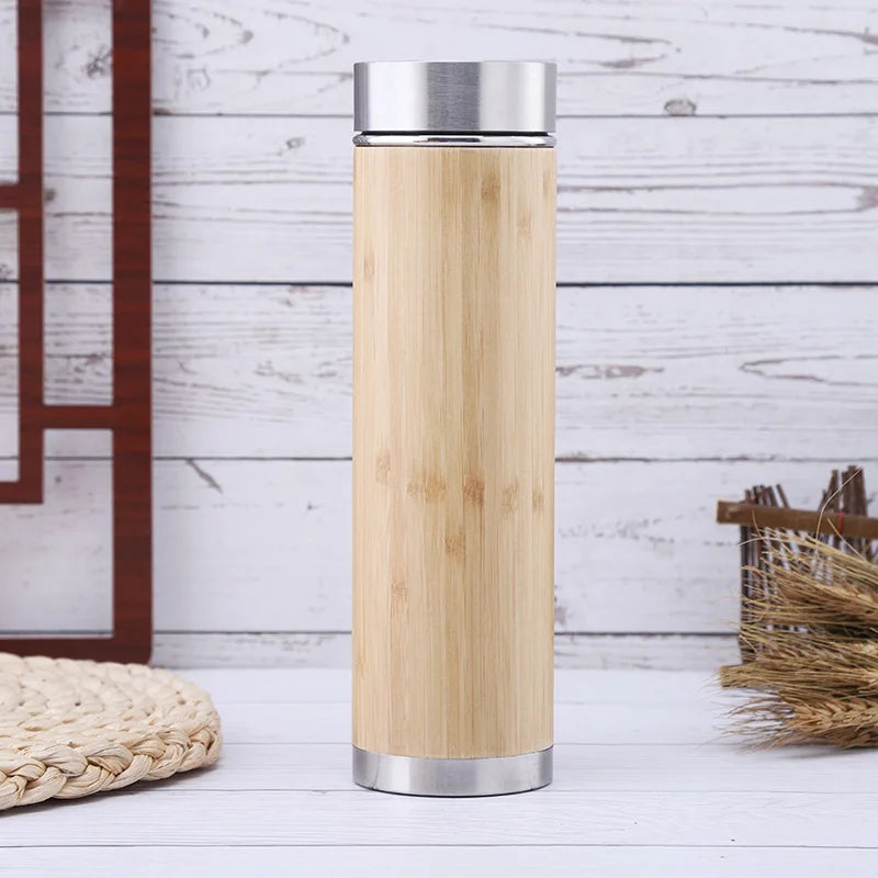 Bamboo Tea Thermos | 500ml Steel Double Wall Vacuum Flask Infuser ID