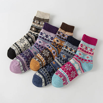 5 Pairs Women's Winter Socks | Retro Japanese Ethnic Knit Wool Blend