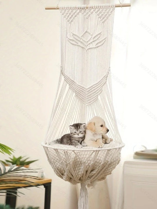 Boho Cat Hammock - Hand Woven Cotton Rope Hanging Swing Bed