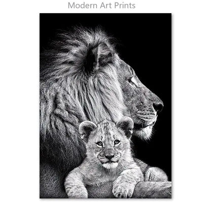 Black & White Lion Canvas Painting | Modern Animal Wall Art Mural Print