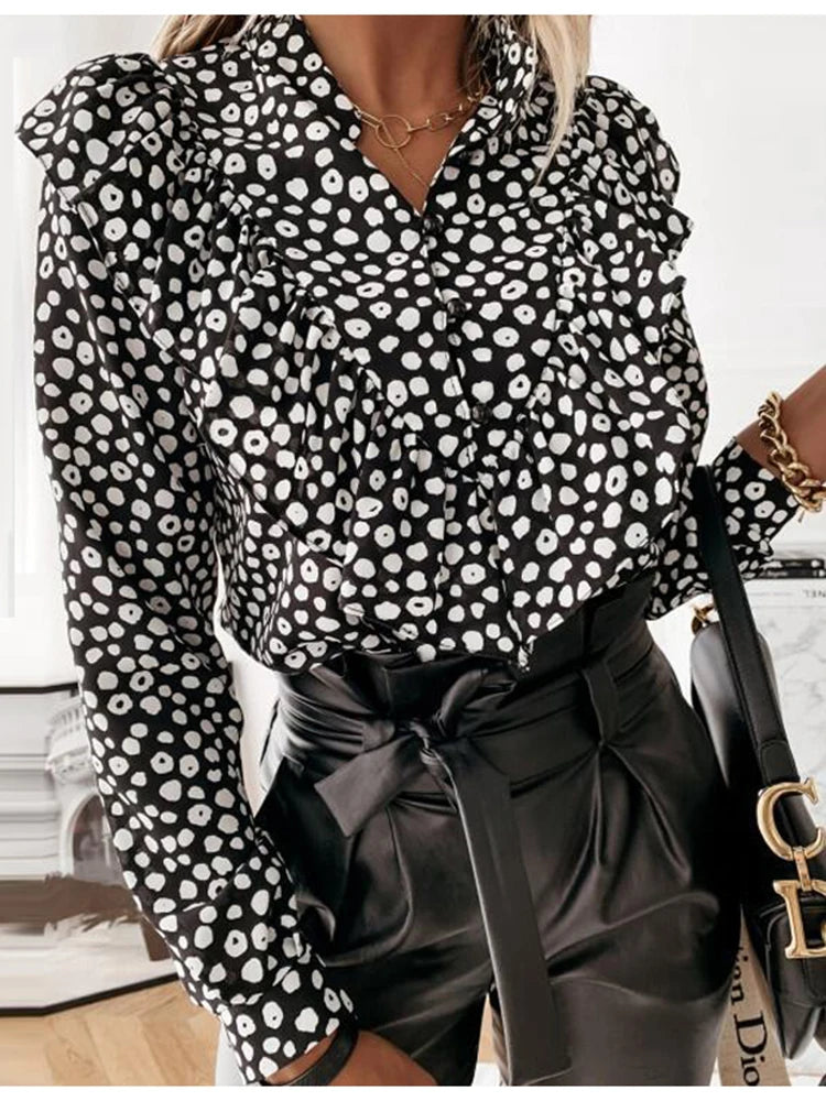 Leopard Dot Ruffle Blouse | Long Sleeve V-Neck Office Top for Women ID