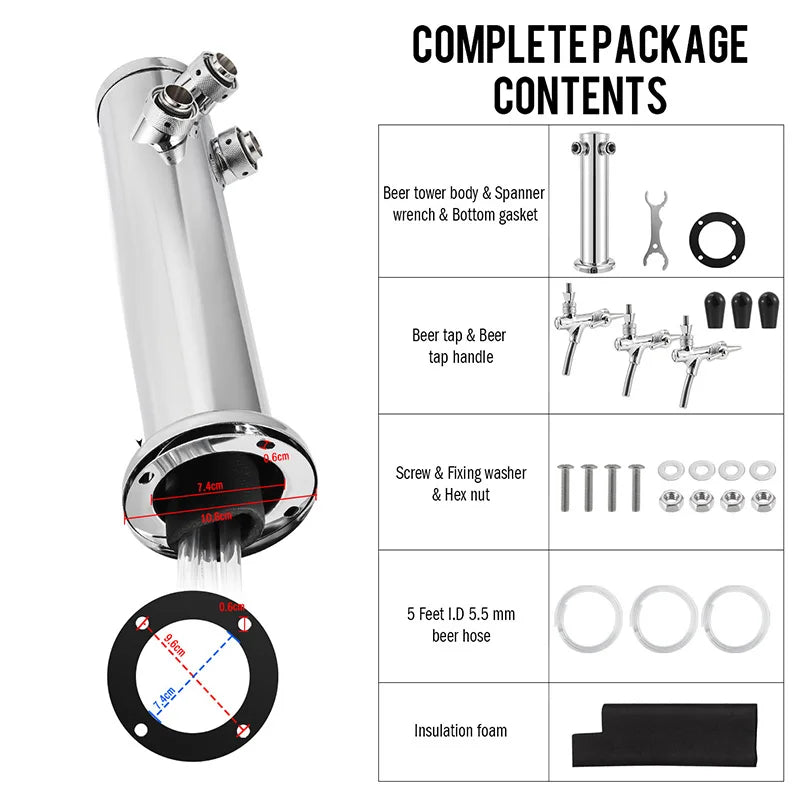 3 Faucet Kegerator Beer Tower | 3" Silver Column Flow Control Taps