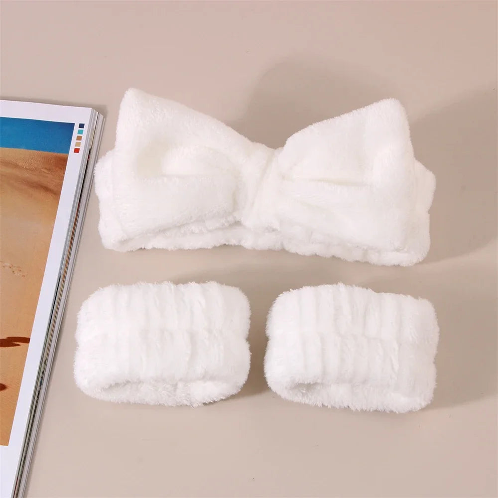3Pcs Spa Headband & Wristband Set | Microfiber Face Wash Makeup Band