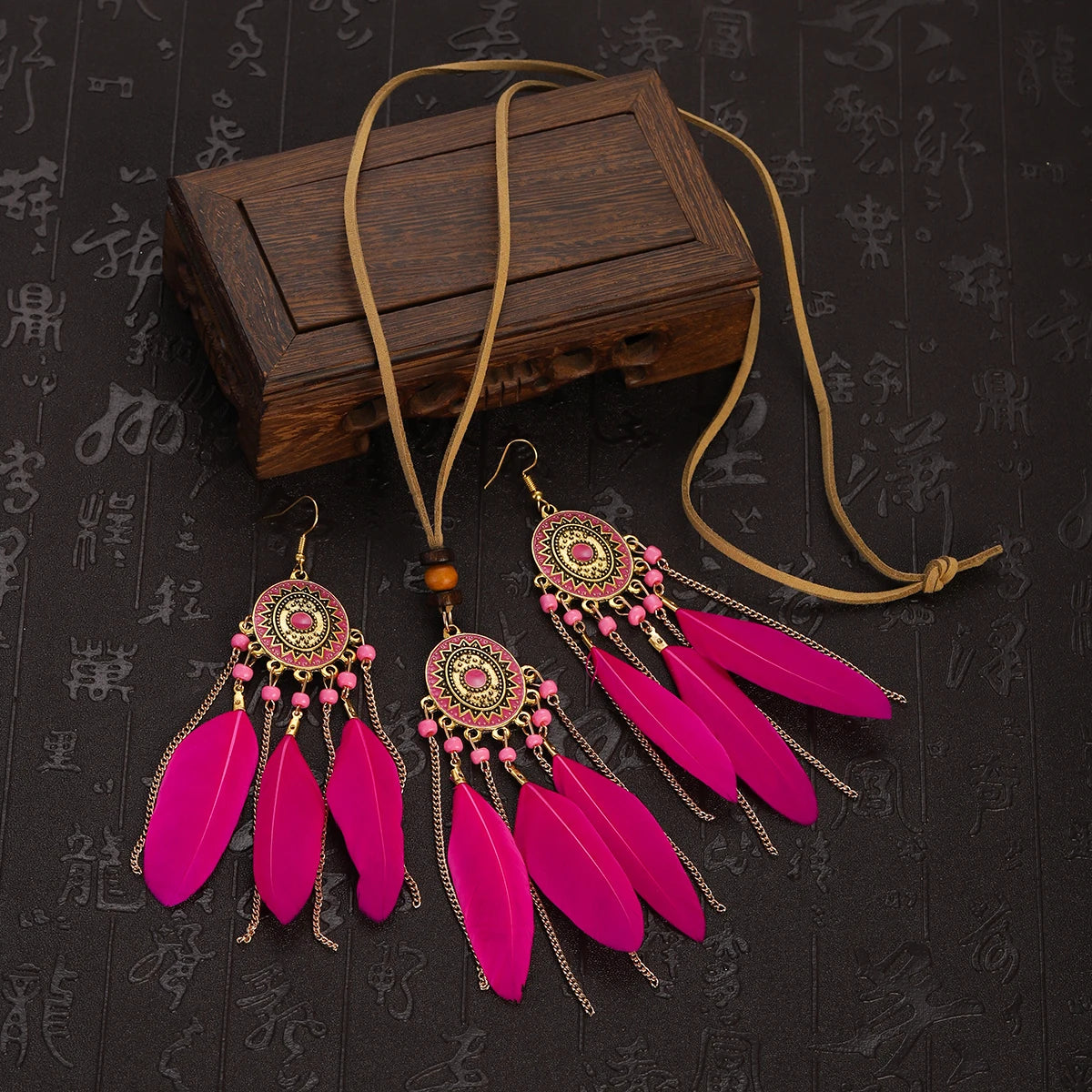 Feather Necklace Earring Set | Vintage Sun Pattern Handmade Jewellery