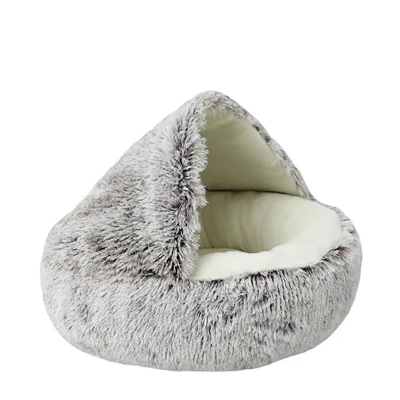 Calming Cat Bed Cave | Warm Plush Hooded Doughnut Nest & Pet Mattress