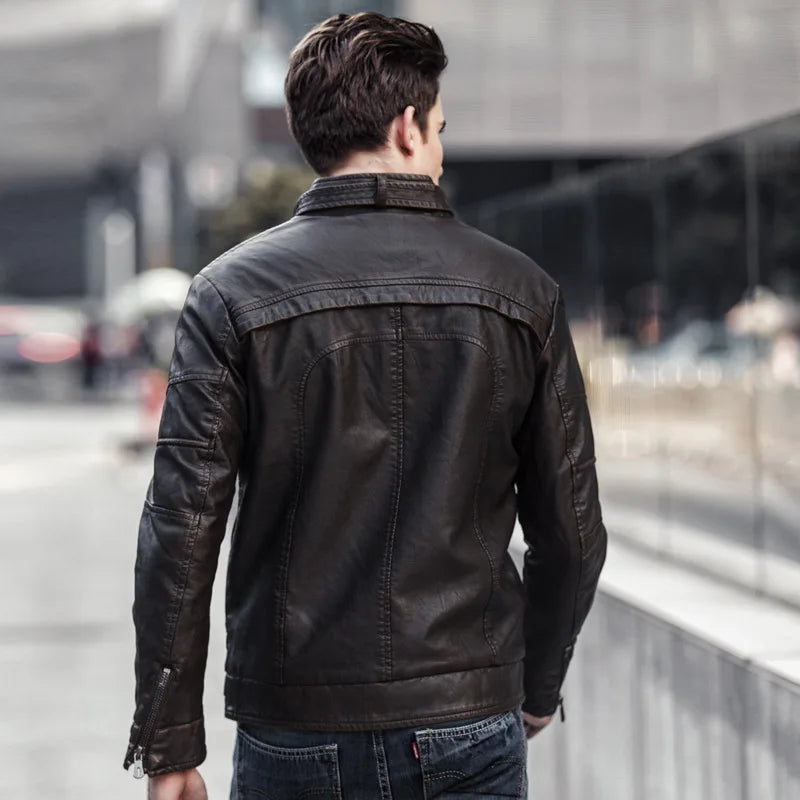 Mens Retro Leather Jacket | American Style Stand Collar Biker Blazer