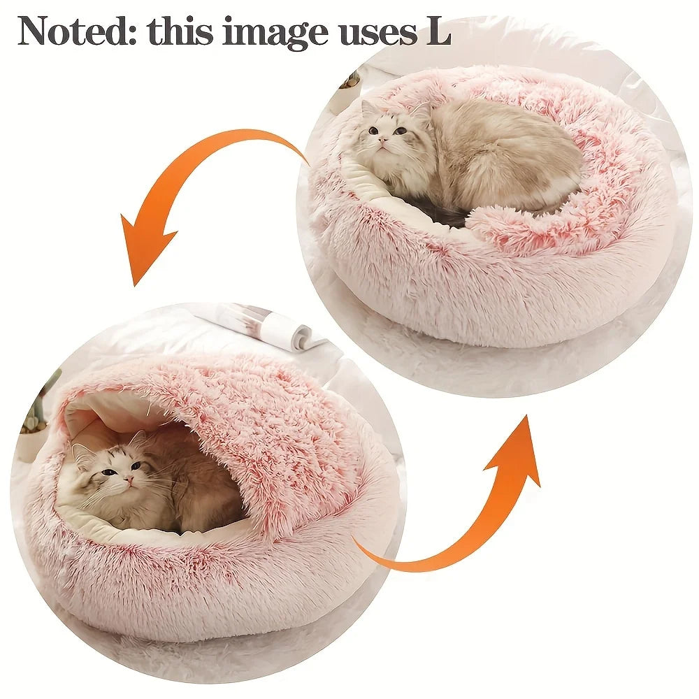 Calming Cat Bed Cave | Warm Plush Hooded Doughnut Nest & Pet Mattress