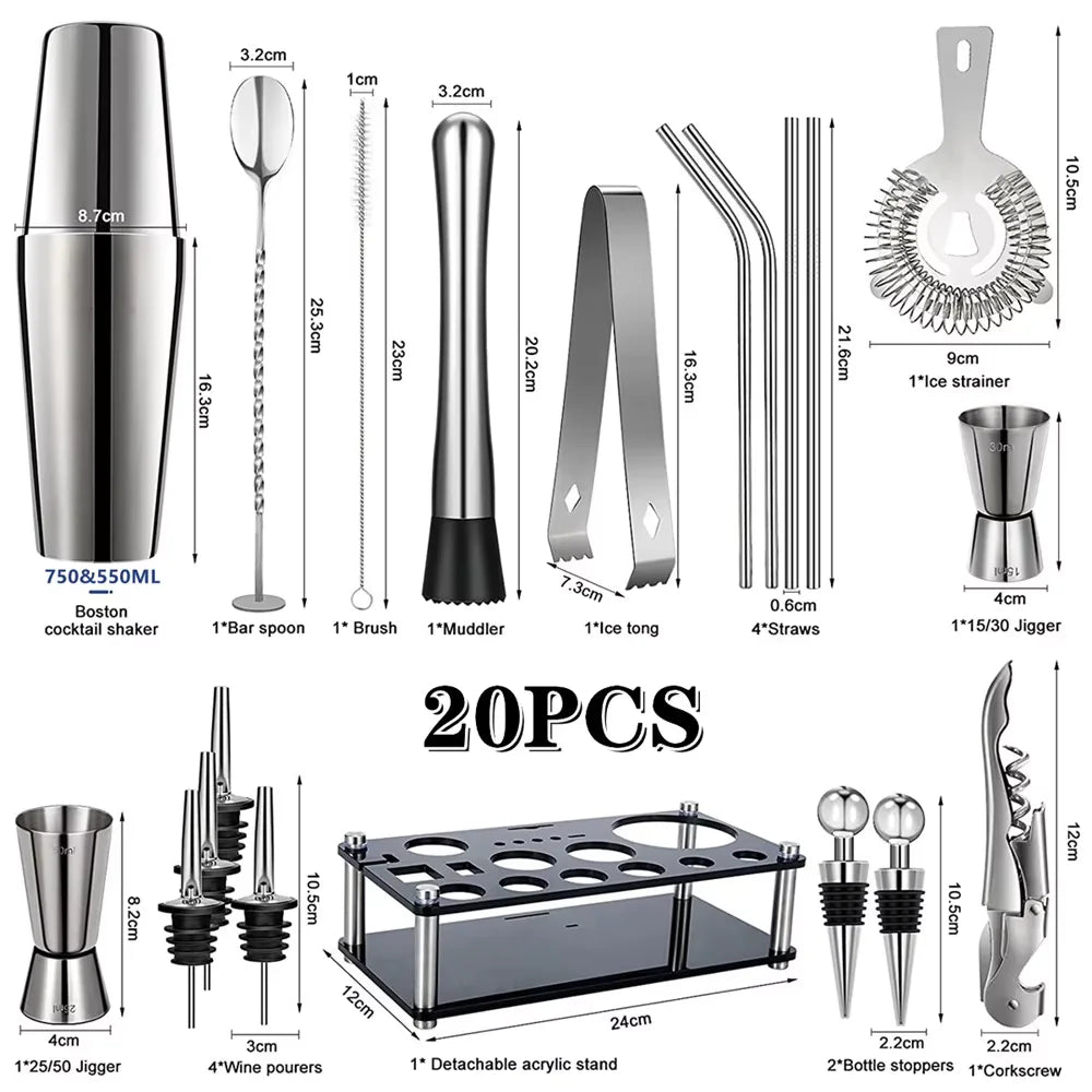 25pc Boston Cocktail Shaker Set | Professional Bartender Kit & Stand
