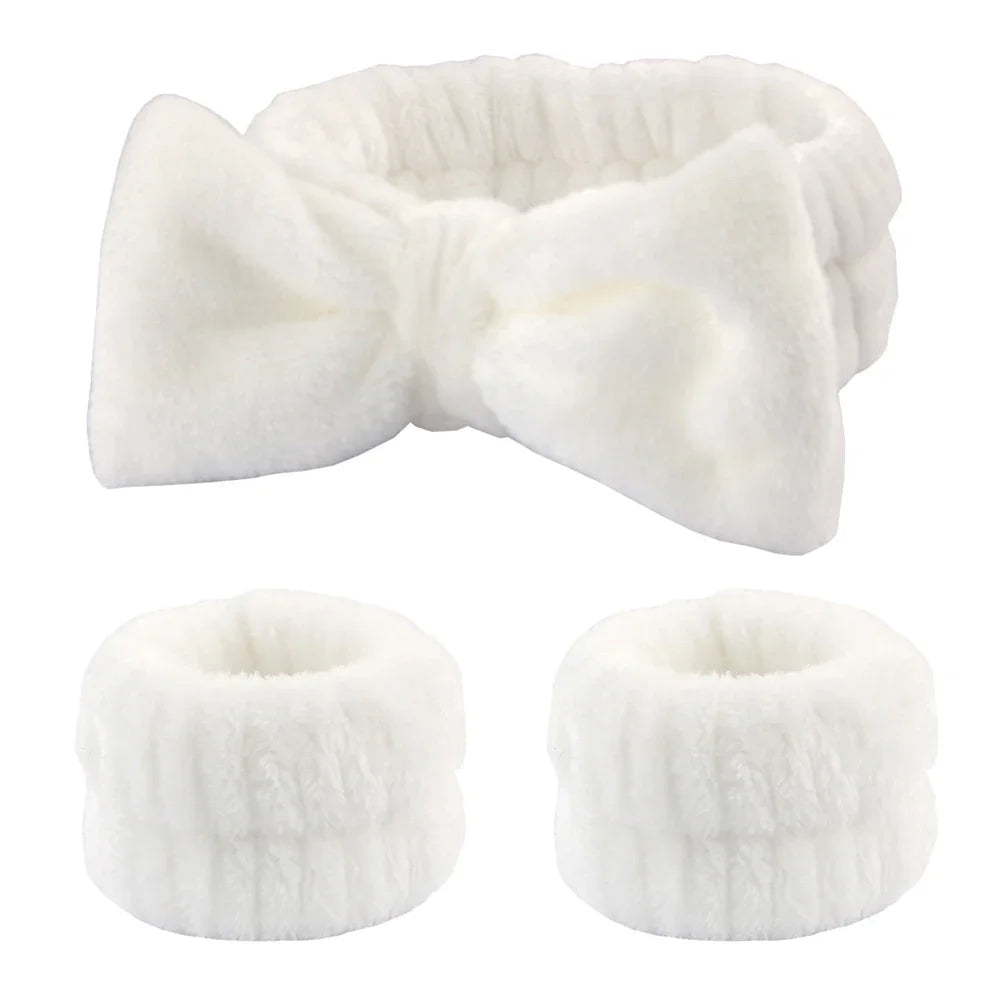 3Pcs Spa Headband & Wristband Set | Microfiber Face Wash Makeup Band