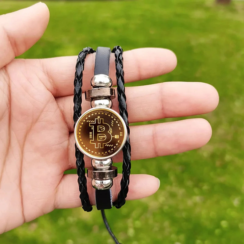 Bitcoin Leather Bracelet - Braided Multilayer Crypto Jewelry
