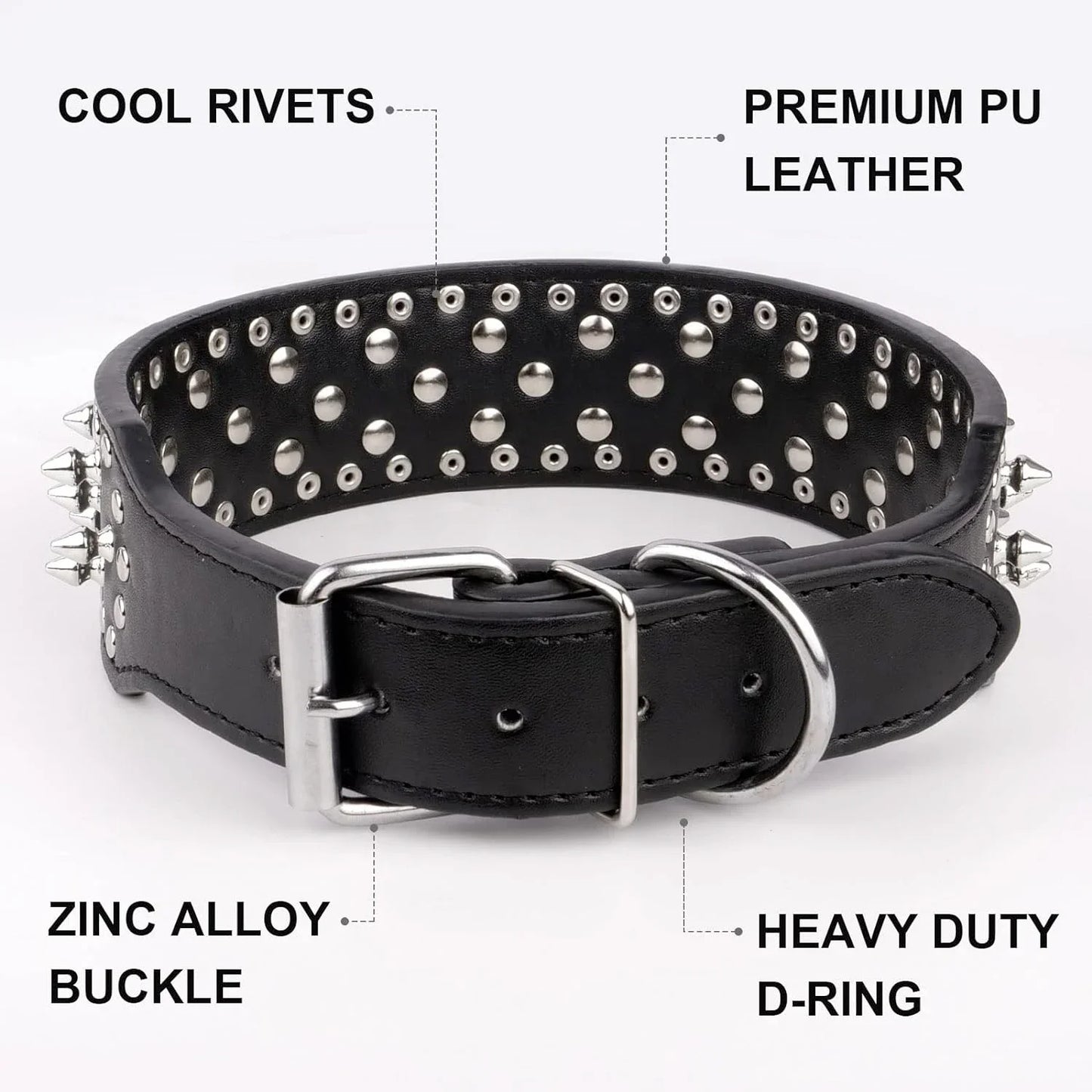 Wide Spiked Skull Dog Collar | Studded Leather Bully Collar for Large