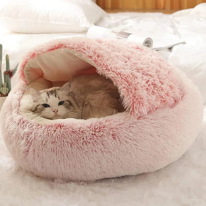 Calming Cat Bed Cave | Warm Plush Hooded Doughnut Nest & Pet Mattress