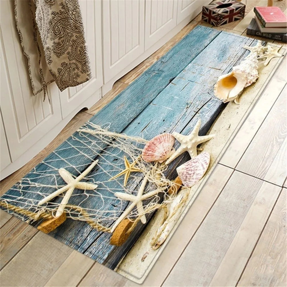Coastal Shell & Wood Print Mat | Nautical Patchwork Area Rug