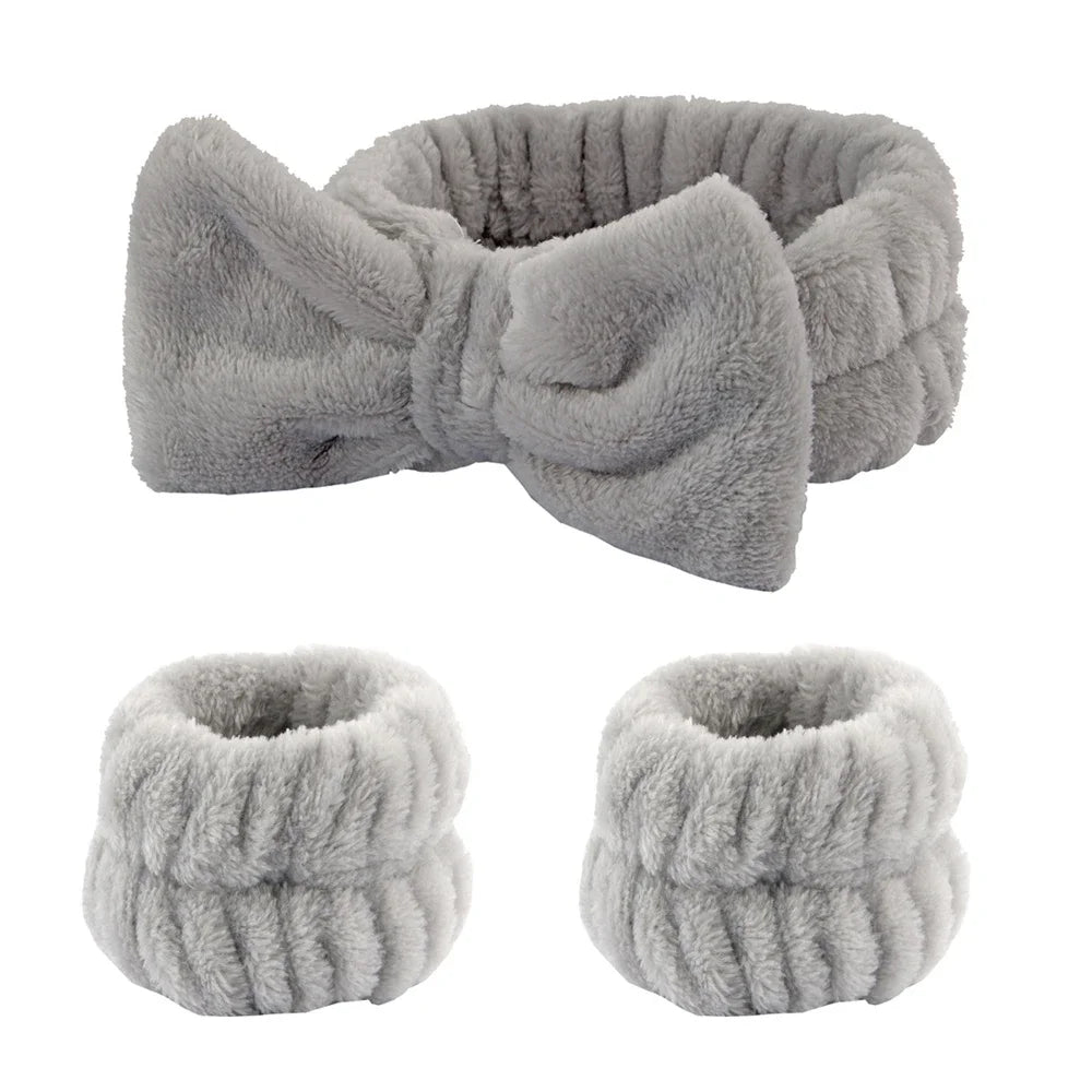 3Pcs Spa Headband & Wristband Set | Microfiber Face Wash Makeup Band