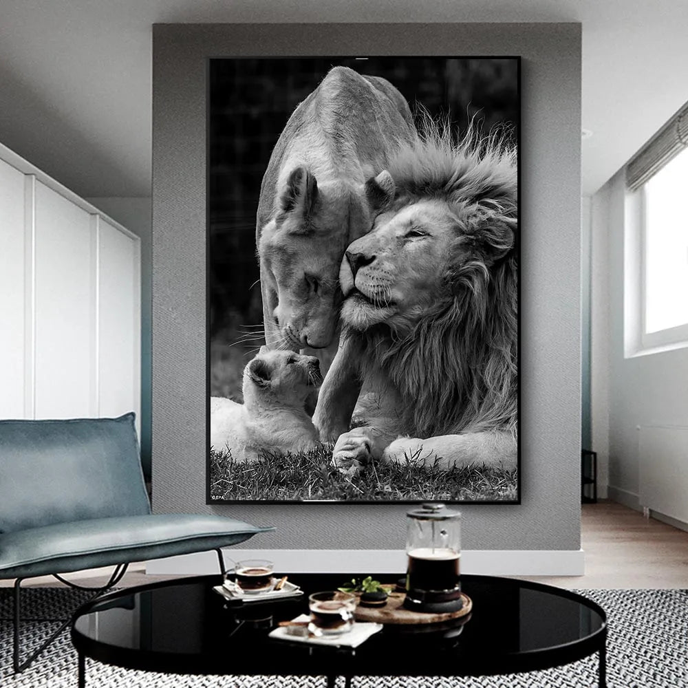 Black & White Lion Canvas Painting | Modern Animal Wall Art Mural Print