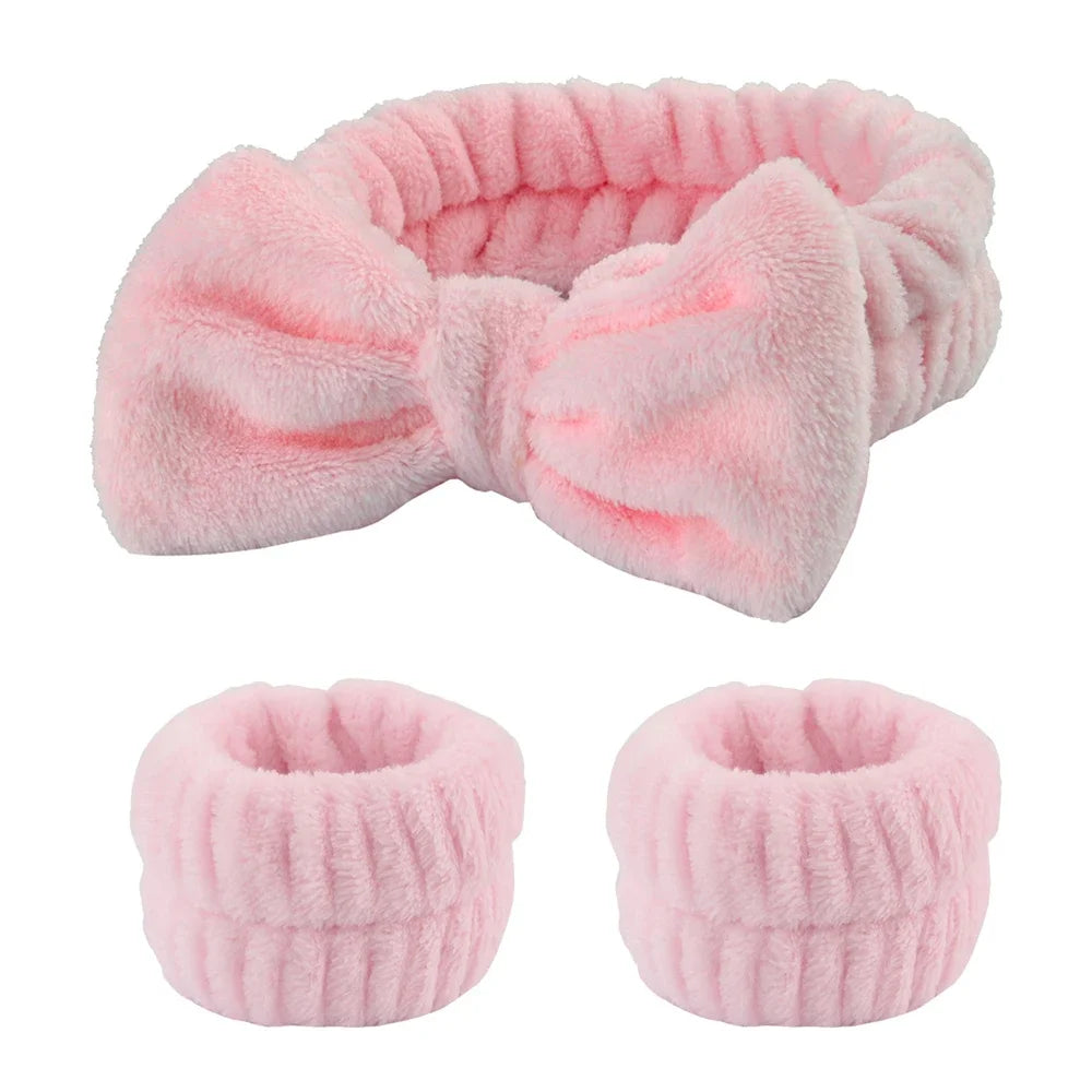 3Pcs Spa Headband & Wristband Set | Microfiber Face Wash Makeup Band