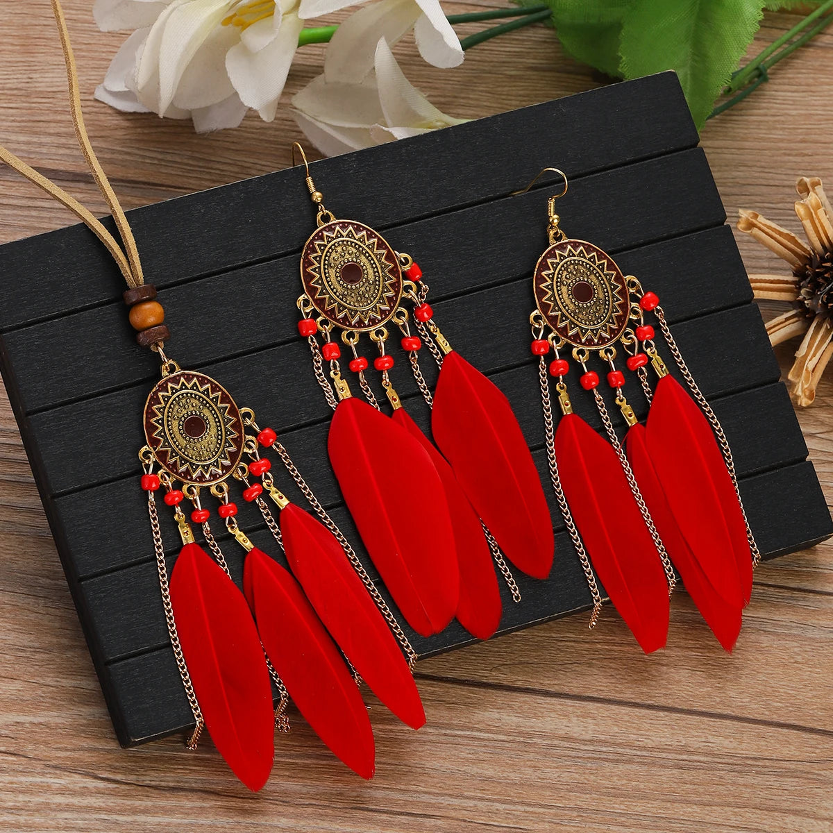 Feather Necklace Earring Set | Vintage Sun Pattern Handmade Jewellery