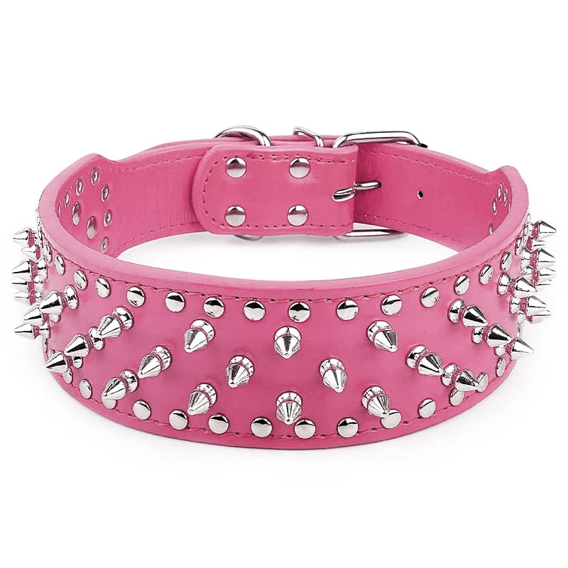 Wide Spiked Skull Dog Collar | Studded Leather Bully Collar for Large