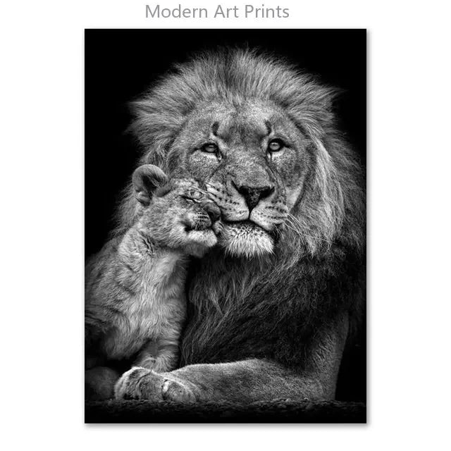 Black & White Lion Canvas Painting | Modern Animal Wall Art Mural Print