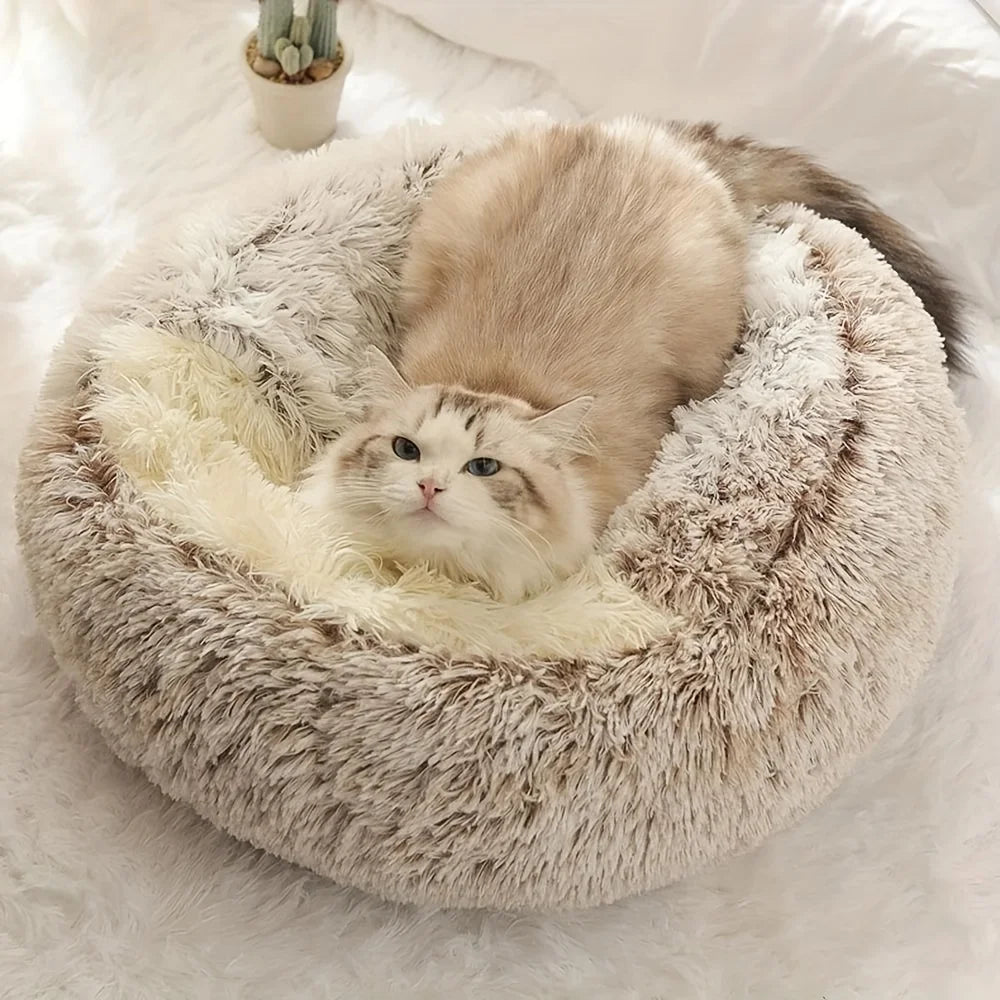 Calming Cat Bed Cave | Warm Plush Hooded Doughnut Nest & Pet Mattress