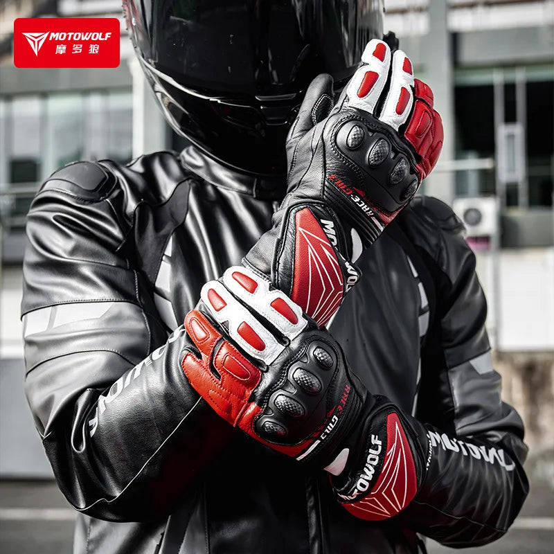 Leather Motorcycle Racing Gloves | Carbon Fiber Armor Gauntlets